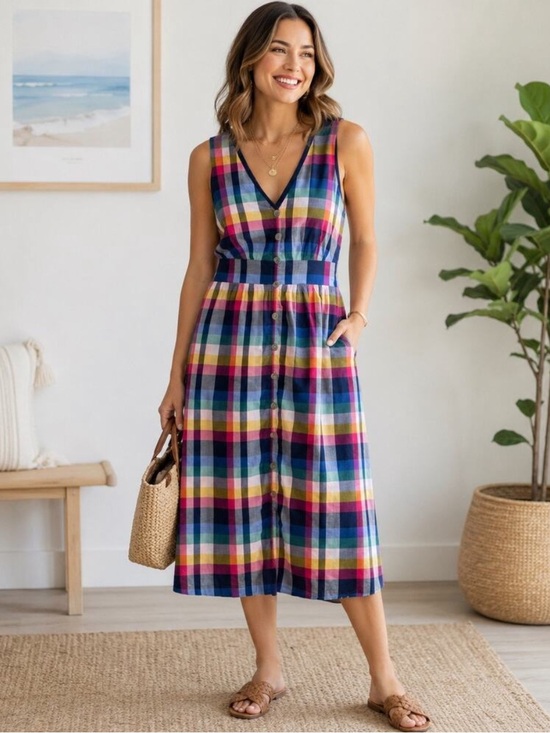J. Crew Factory Dresses & Skirts - J. Crew Multicolor Plaid Madras V-Neck Sleeveless Midi Dress w/ Buttons